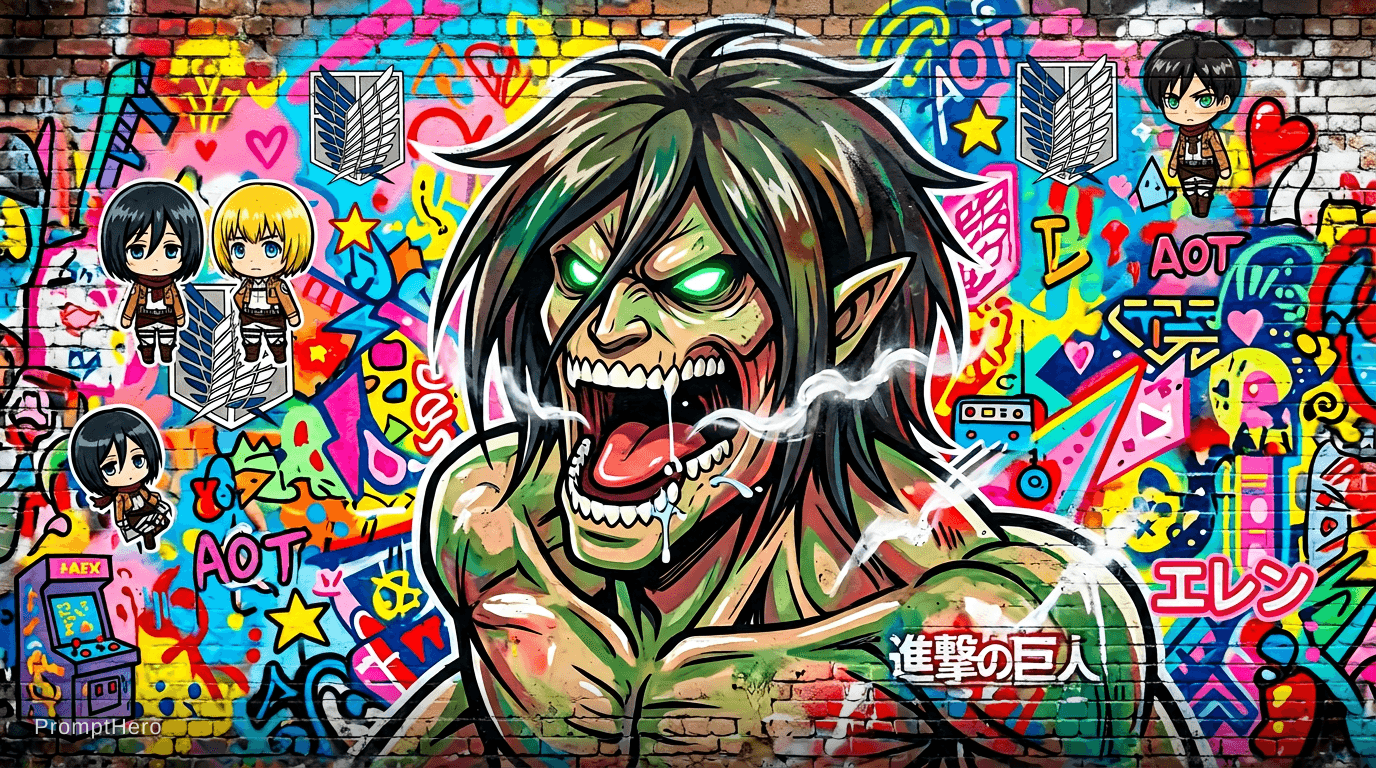 AI generated: Attack on titan, portrait of the attack titan, in the style of street art aesthetic, cute cartoonish...
