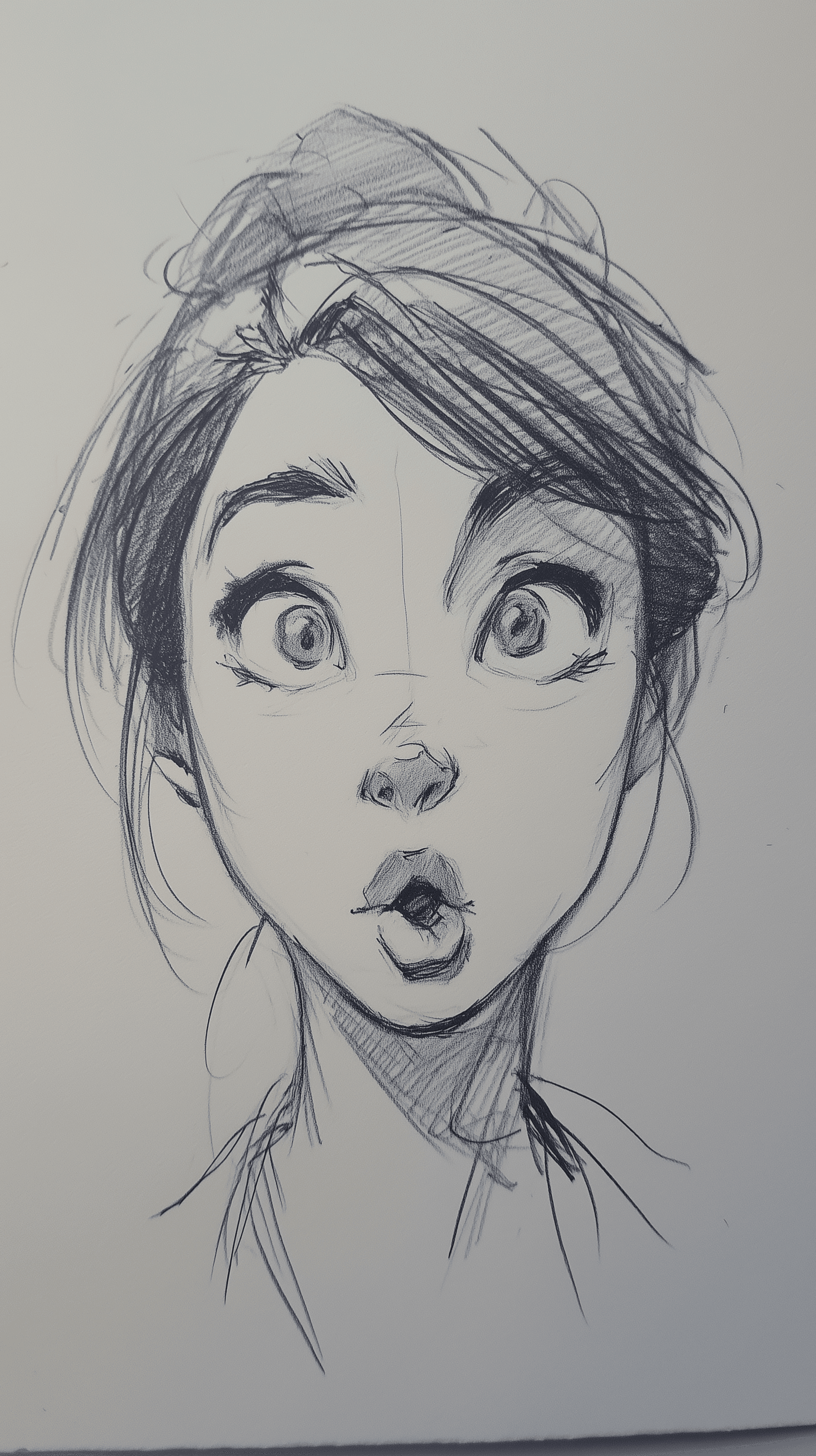 AI generated: artistic, pencil croquis, surprised female character face, realistic drawing detail --ar 9:16