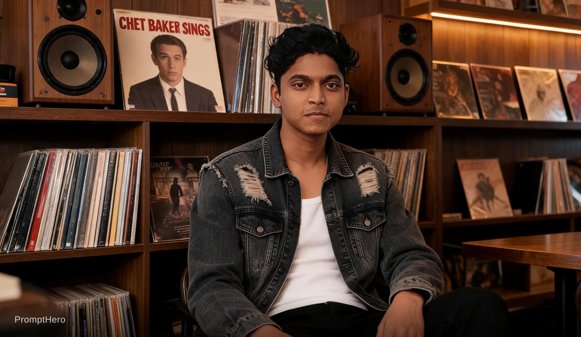 AI generated: The backdrop is a vintage-style record bar: wooden shelves display classic vinyl records (such as Ch...