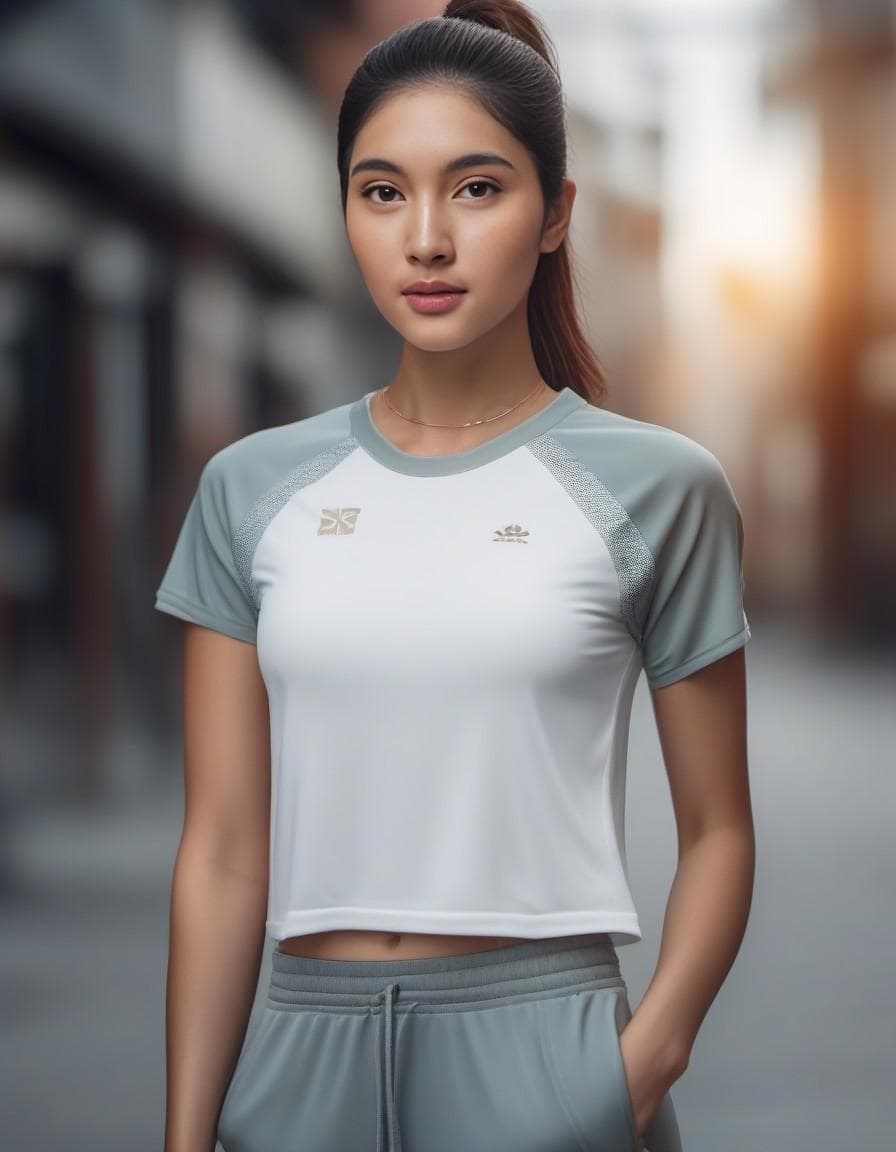 AI generated: editorial (portrait:1.2) of a beautiful multiracial woman with [freckles] modeling casual athleisure...