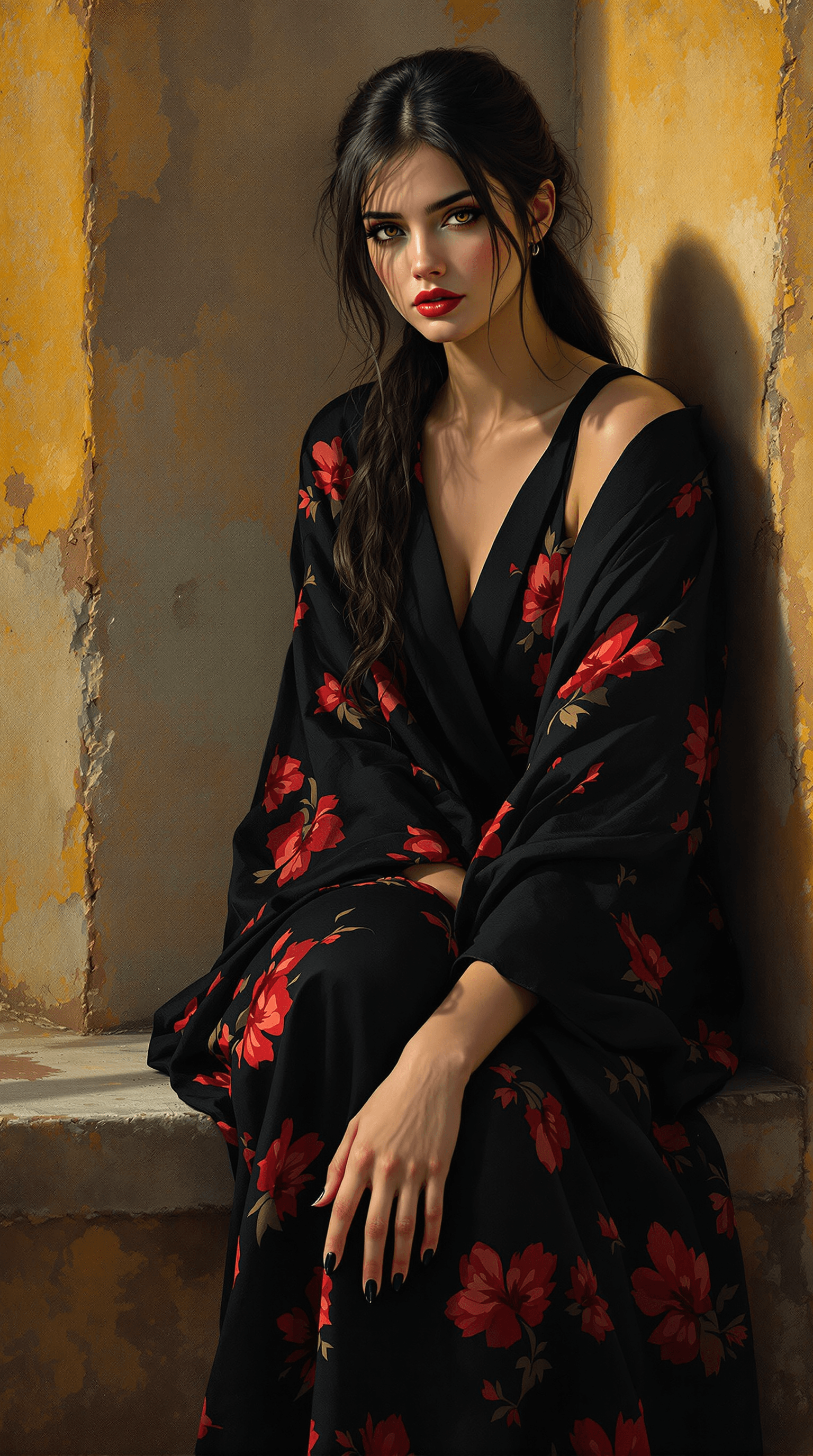 AI generated: An **impressionist oil painting** of a **strikingly beautiful woman** seated on a **weathered stone ...