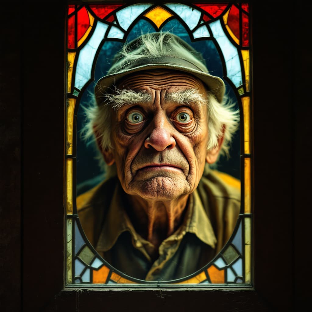 AI generated: Image of a hillbilly image inside a stained glass window. Realistic, eyes wide open looking dumbfoun...