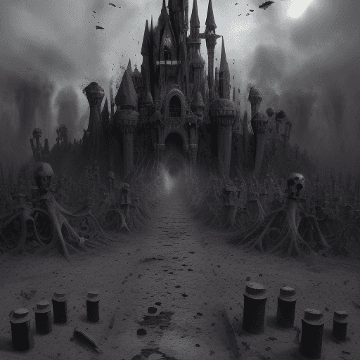 AI generated: a distopic and terrorific land made of  ashes, skulls, bones, esqueletons and more ashes.