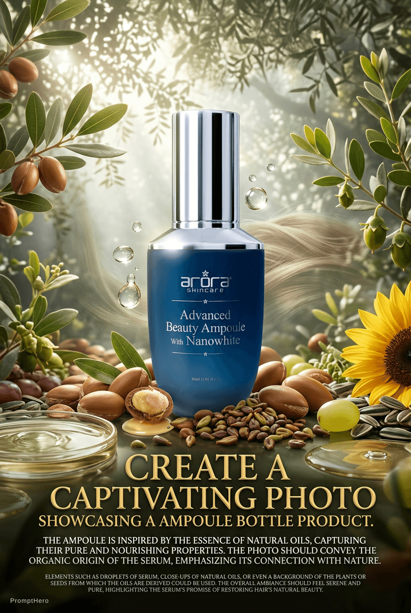 AI generated: Create a captivating photo showcasing a ampoule bottle product. The ampoule is inspired by the essen...