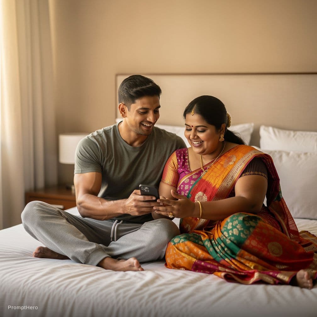 AI generated: A 24 year fair , athletic ,  indian boy wearing only a underwear showing abs  sharing a bed with her...