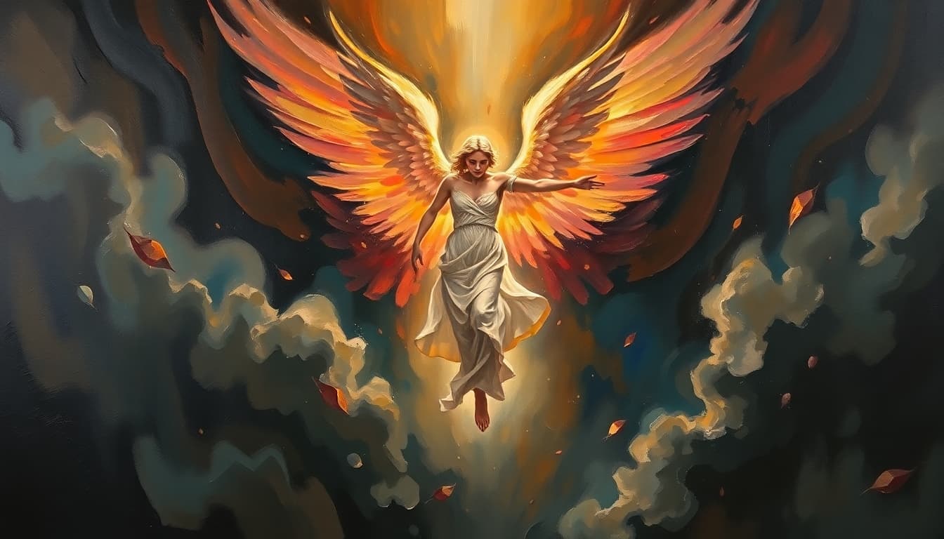 AI generated: A surreal, abstract oil painting with a three-dimensional illusion, depicting a glorious angelic fig...