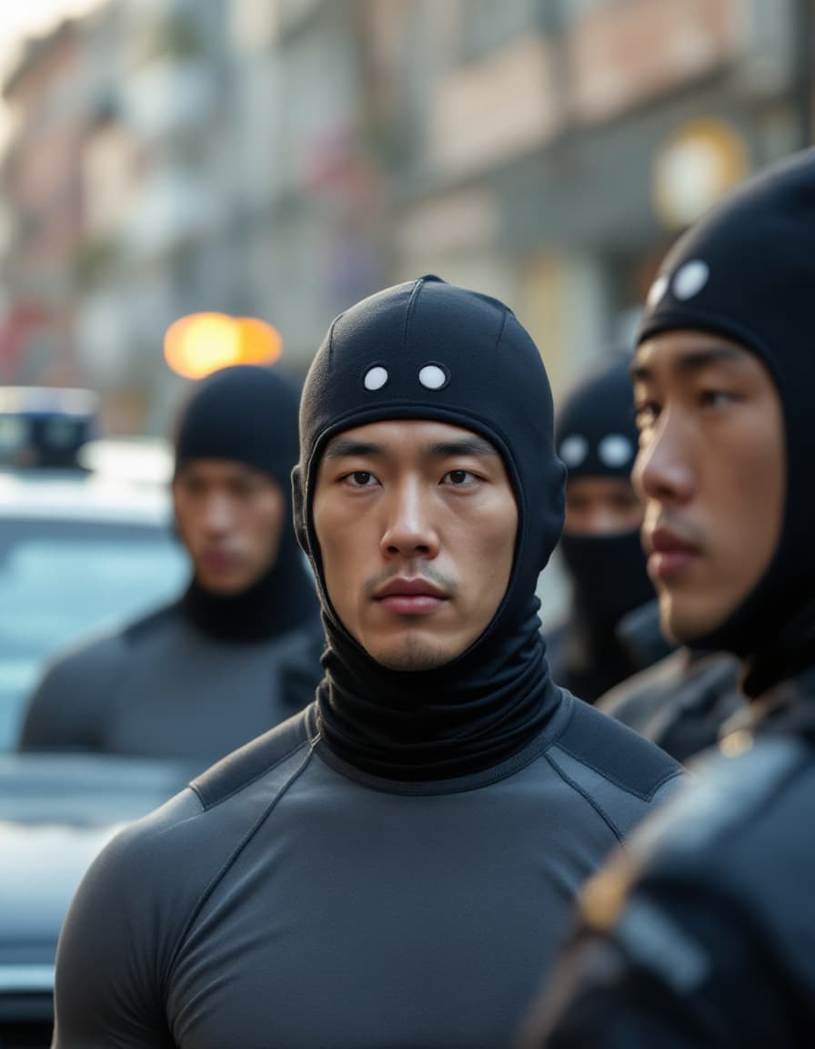 AI generated: A group of athletic male Asian Chinese are wearing compression jammers are under police investigatio...