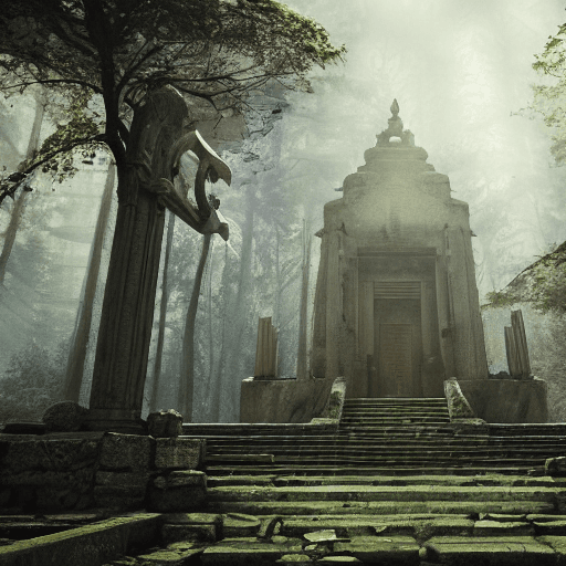 AI generated: temple in ruines, forest, stairs, columns, cinematic, detailed, atmospheric, epic, concept art, Matt...