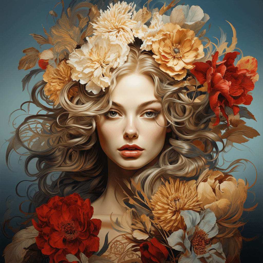 AI generated: Designa commercial illustration featuring a woman adorned in elegant flowers, with captivating eyes ...