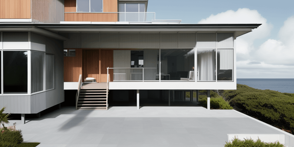 AI generated: Hyper realistic eye level exterior photo of a mid century mGenerate a horizontal image representing ...