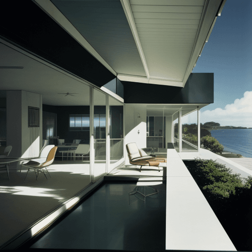 AI generated: Hyper realistic eye level exterior photo of a mid century modern style house overlooking the ocean, ...