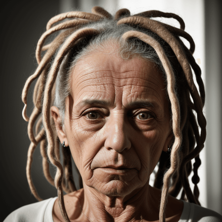 AI generated: hyper realistic headshot photo of a 60 year old italian  woman, dreadlocks, she has a depressed look...