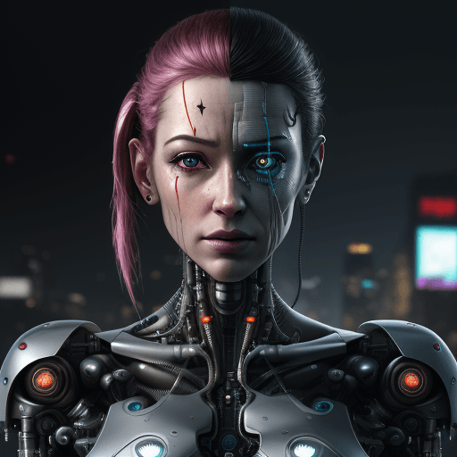 AI generated: realistic, hyper-realistic, UHD, cyborg, cyberpunk features, robot