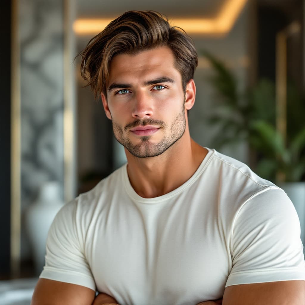 AI generated: Professional photo of a muscular 25-year-old white American man, side-swept brown hair, light tan sk...