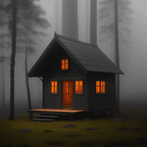 AI generated: Small Wooden House in the middle of a moody forest in sweden, foggy