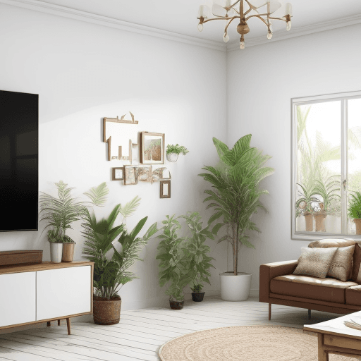 AI generated: Blank frame on white clean wall inside boho theme living room front view
