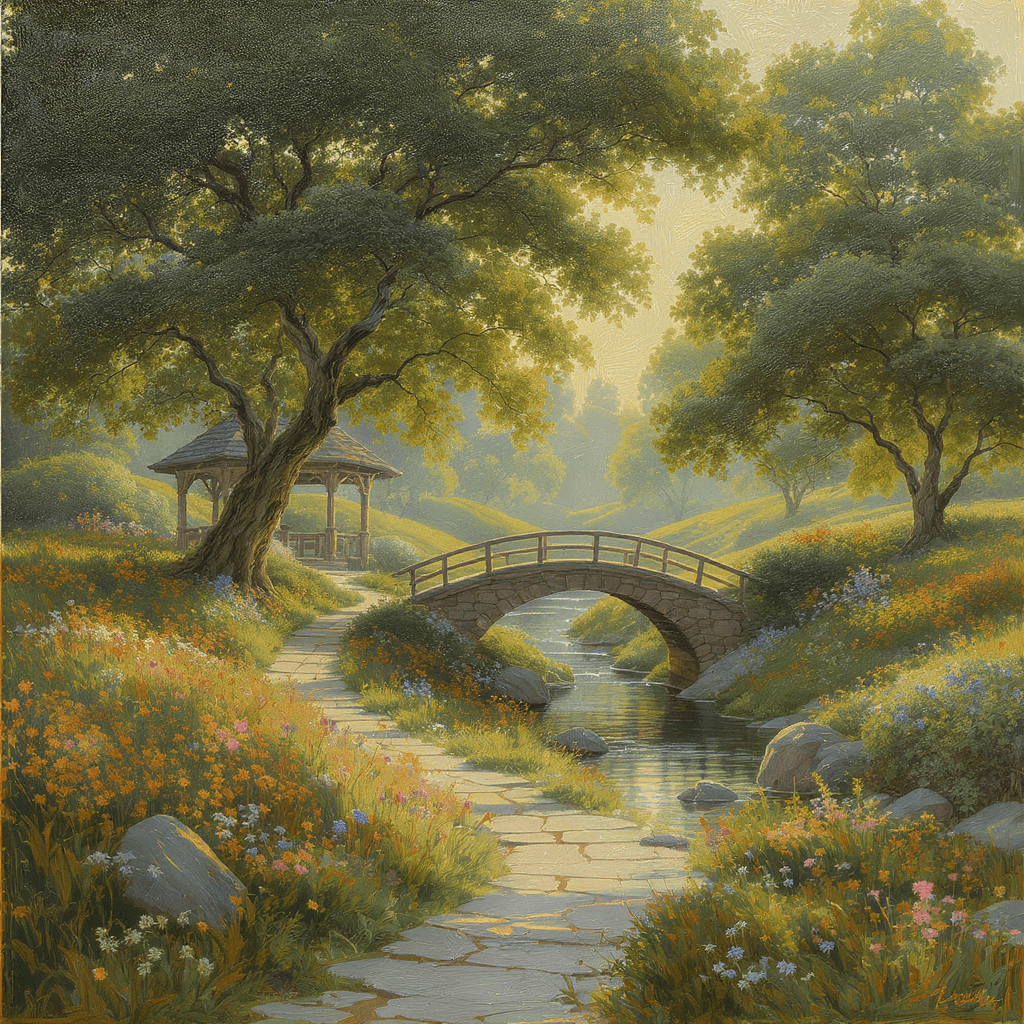 AI generated: Create a beautiful landscape that looks human made add brush strokes, whatever you can to give it th...