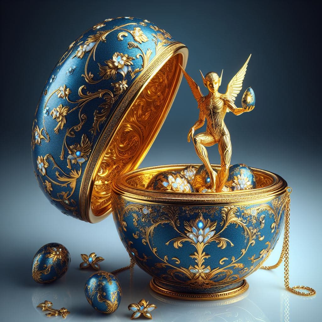 AI generated: An elegant Fabergé Egg opened, containing a golden elf figurine, in Renaissance style, adorned with ...