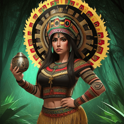 AI generated: Bosque ,mujer, guerrera, azteca
