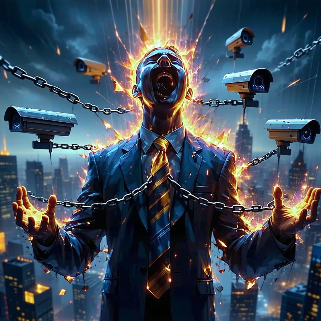 AI generated: A powerful and dramatic digital artwork depicting a figure breaking free from chains, symbolizing hu...