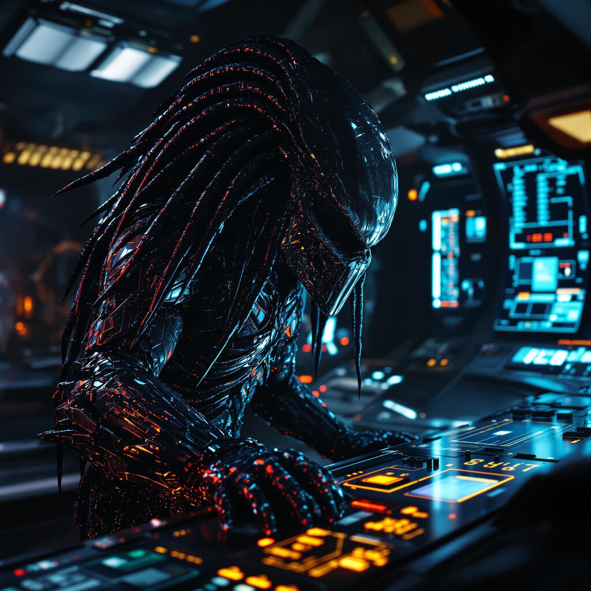 AI generated: a highly detailed cinematic rendering of a predator from the movie alien vs predator, a futuristic h...