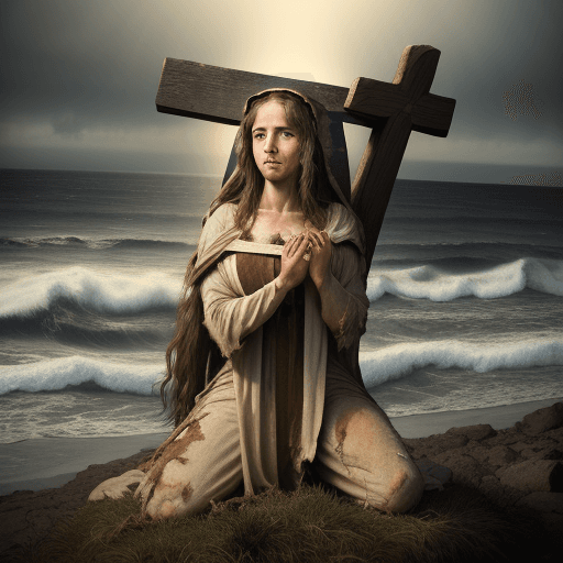 AI generated: extreme long shot, realistic vintage photography, a female dressed like Jesus Christ wearing torn cl...