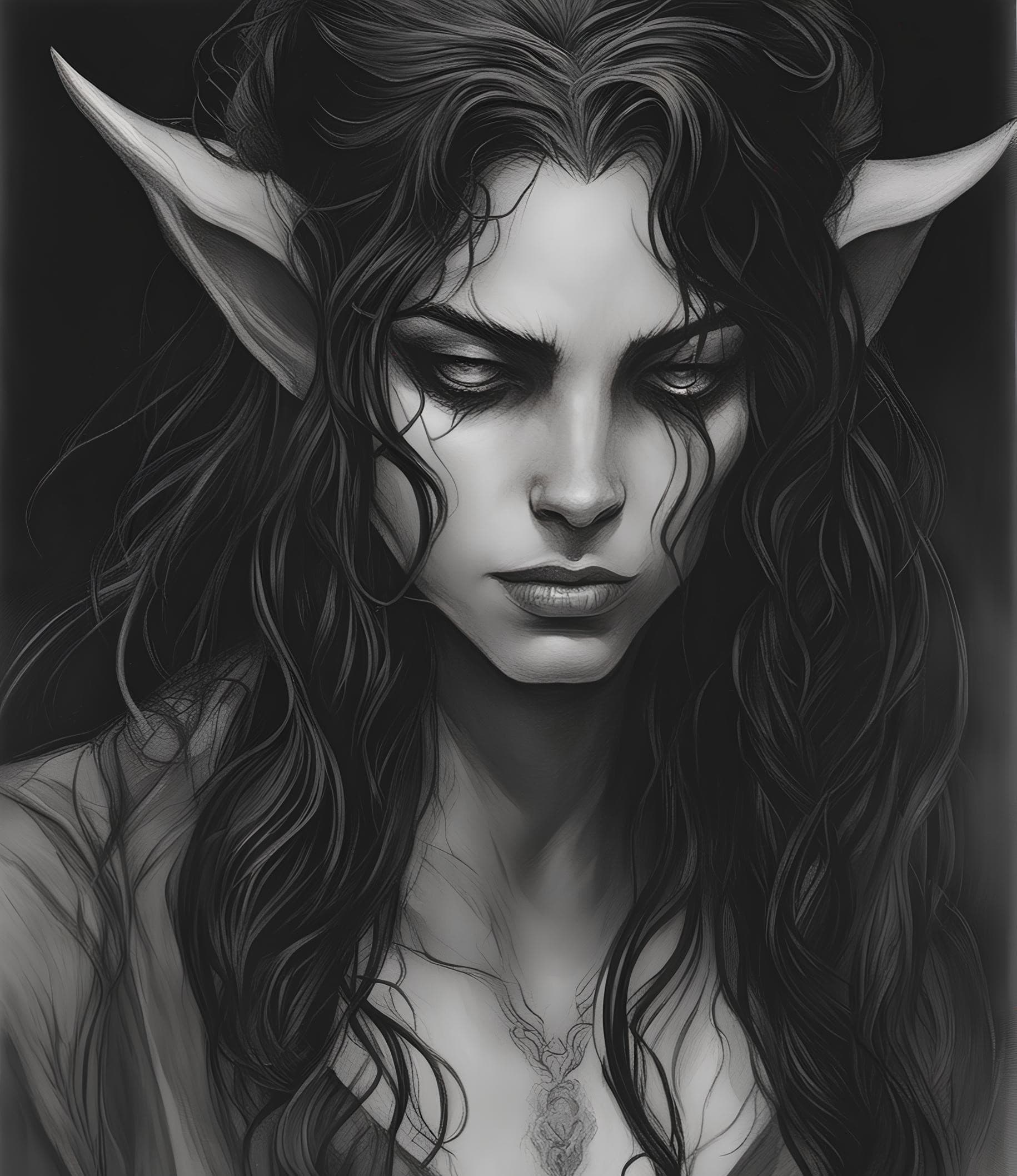 AI generated: A tiefling of long black hair crying in the darkness, arte de fantasia, Arte realista, rosto bonito,...