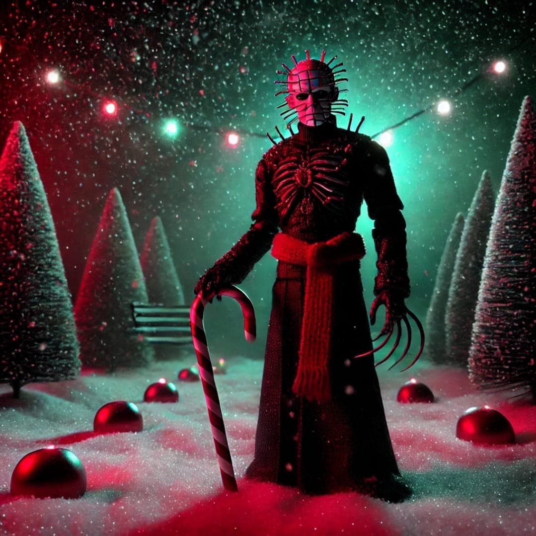 AI generated: A dark winter wonderland at night, with Pinhead from Hellraiser standing in the snowy landscape. He’...
