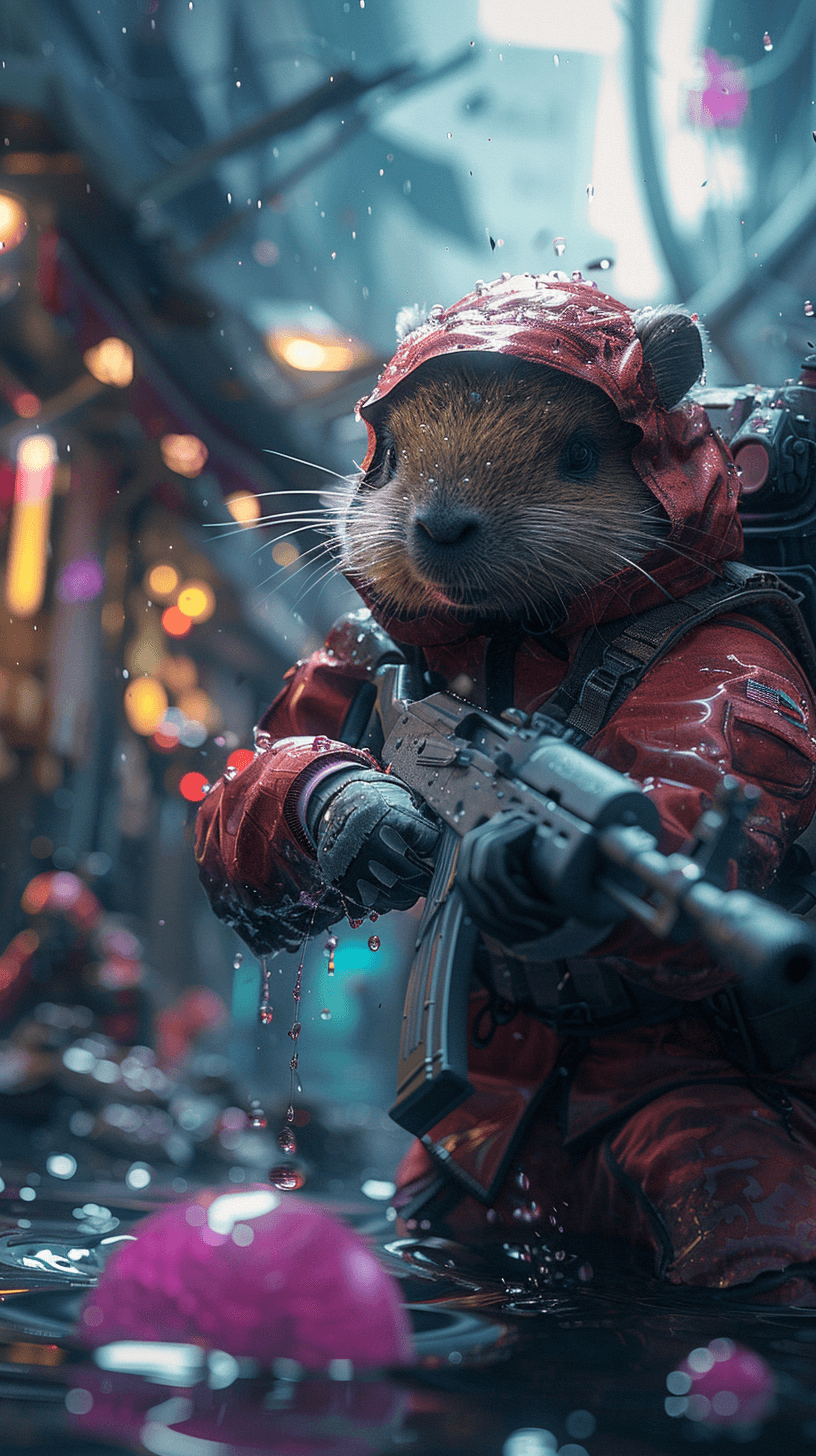 AI generated: capybara's army, armed with AK-47, with Nike sneakers on their feet, fighting a giant slime, purple ...