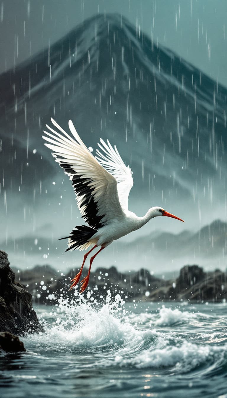 AI generated: The stork dives toward a lake beneath Mount Damavand. The rain intensifies, and as it hits the water...
