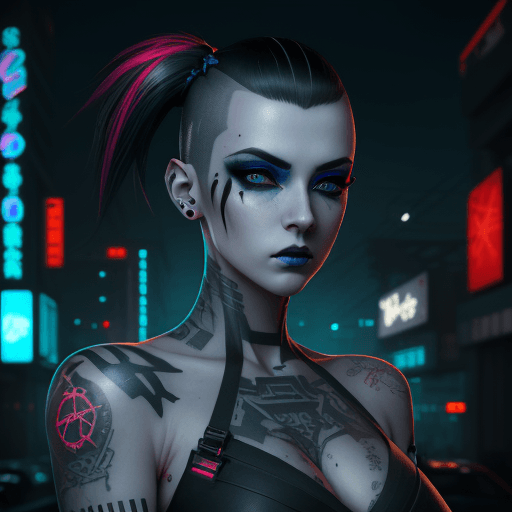 AI generated: beautiful pale cyberpunk female with heavy black eyeliner, blue eyes, shaved side haircut, whole bod...