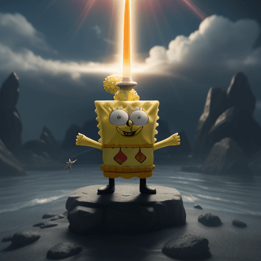 AI generated: Spongebob is the mightiest god with a sword, red eyes, heroic pose action, divine and celestial ligh...