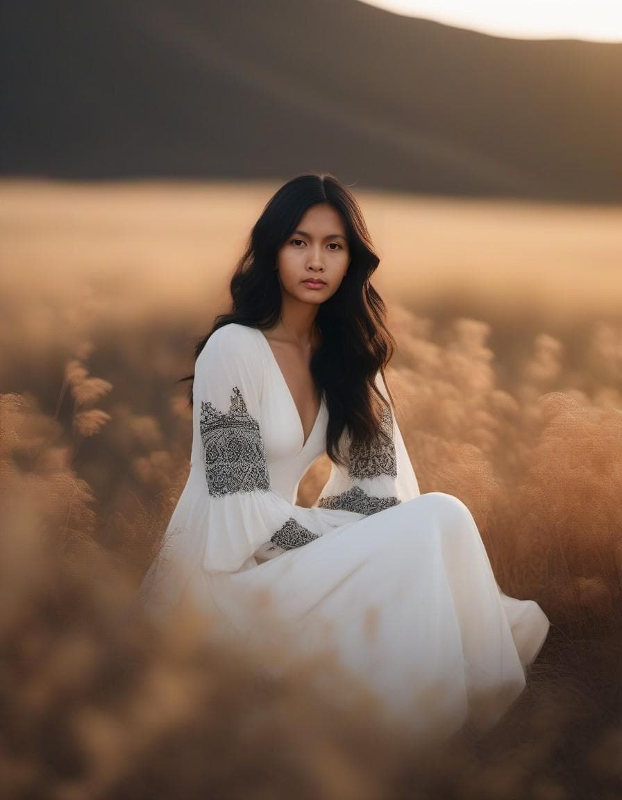 AI generated: a woman sitting on top of a couch in a field, skinny girl in white boho dress, lalisa manobal, allur...