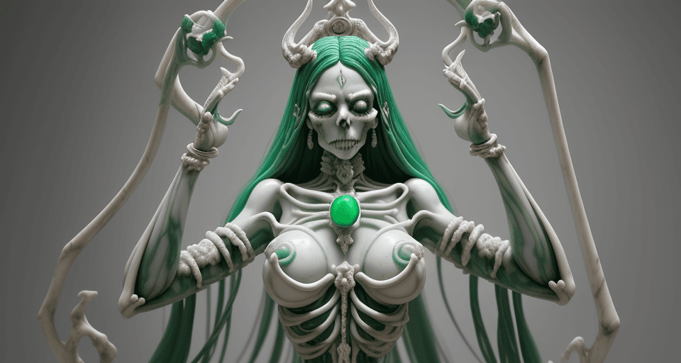 AI generated: An ultra-detailed sculpture of a female necromancer, crafted from exquisite marble and jade. The scu...