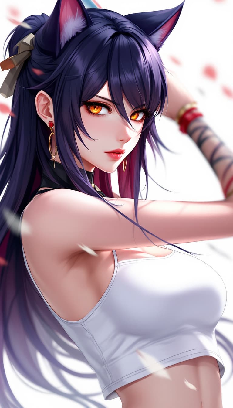 AI generated: 1 woman, weapon longsword, long hair, dark purple hair,cat ears, white background, solo, looking at ...