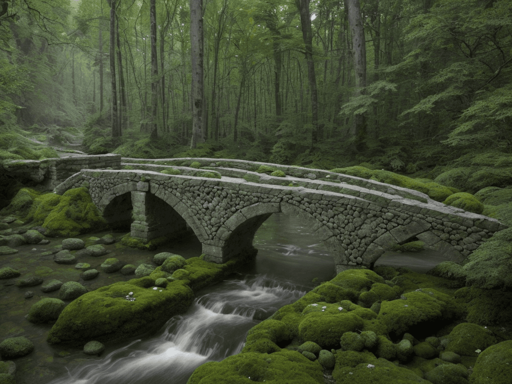 AI generated: a serene and mystical scene of a stone bridge in a forest, with no people or animals present. The ba...