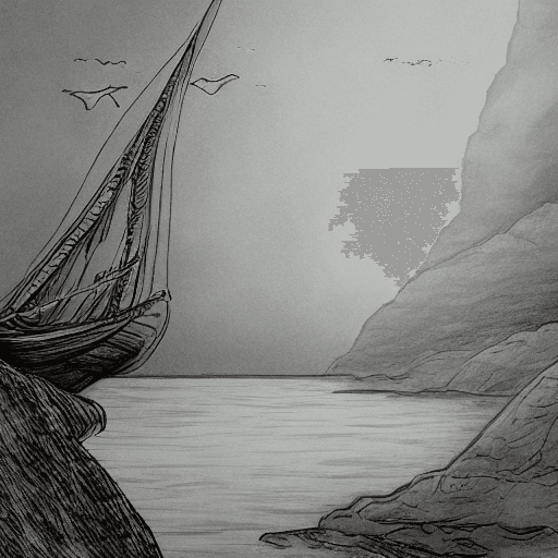 AI generated: Draw a boat hanging by a cliff, with water at the bottom, a beautiful fantasy drawing