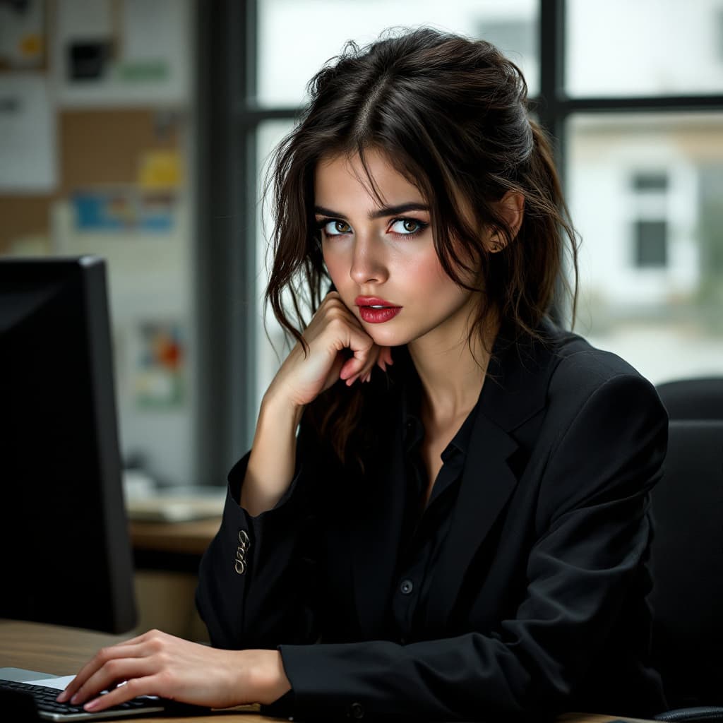 AI generated: girl,scornful eyes, suit, in the office.