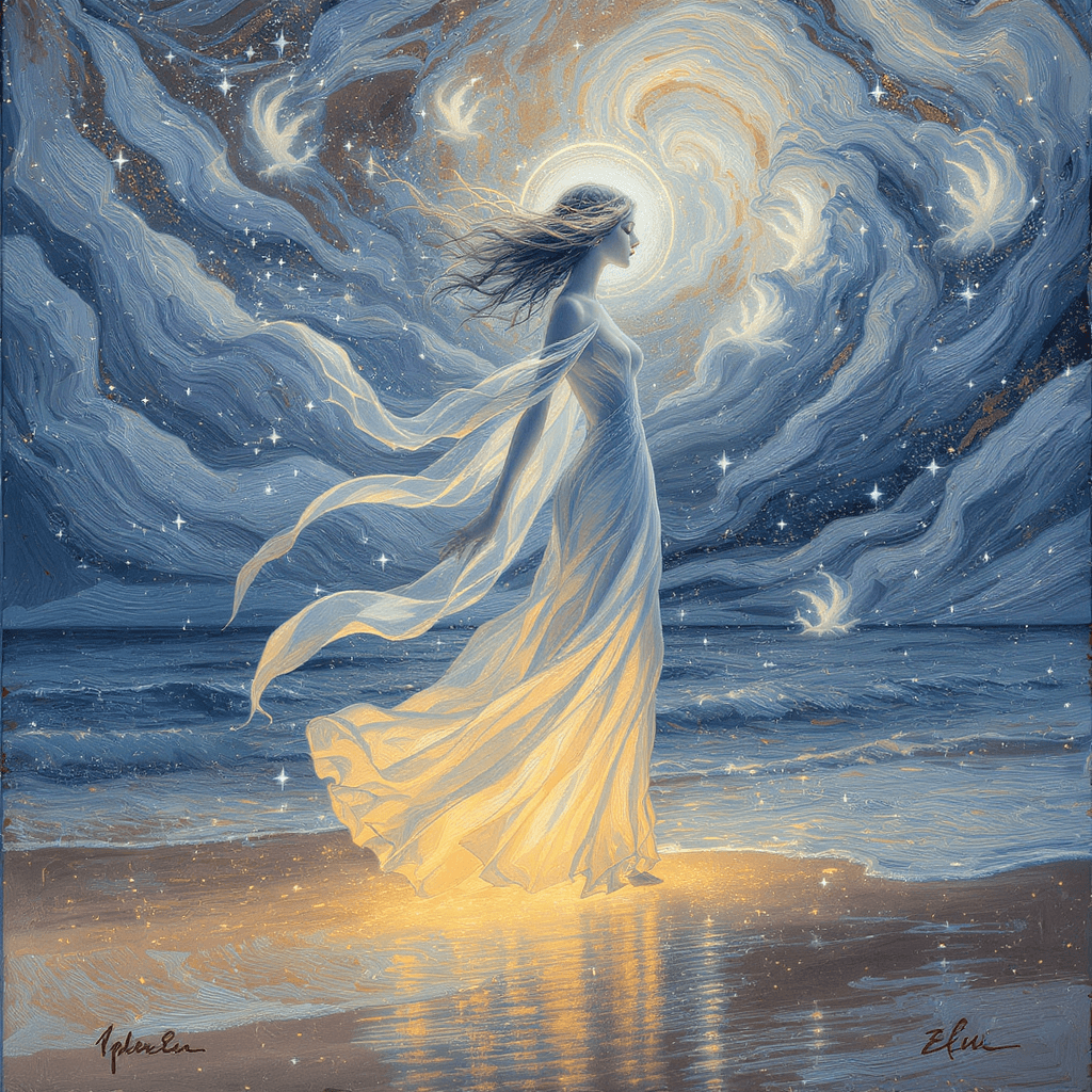 AI generated: A dreamlike fantasy scene with a celestial woman in an impasto gown walking across a glowing shore. ...