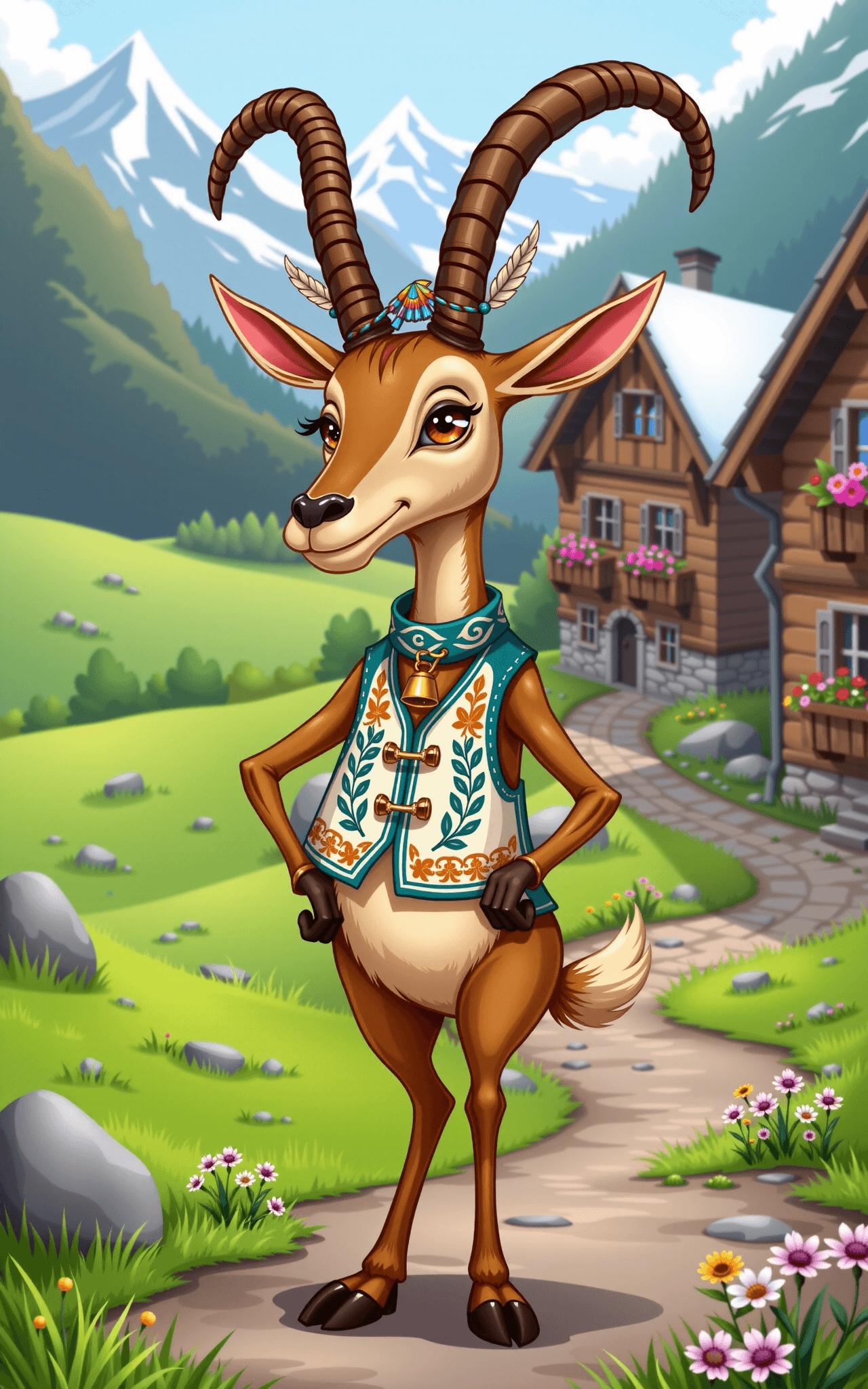 AI generated: Funny caricature of a young Alpine chamois, about 5 years old, with exaggerated features: long spind...