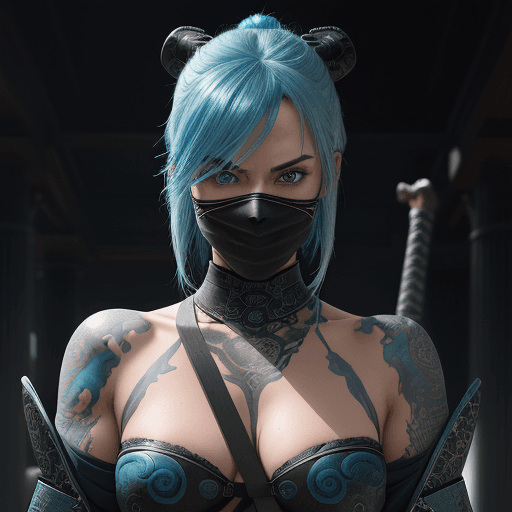 AI generated: The image shows a female character with aqua blue hair and striking blue eyes, wearing a black mask ...