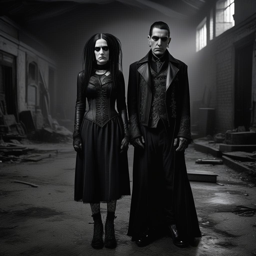 AI generated: Photography by Mary Ellen Mark, a depressed Goth couple. double portrait, highly detailed make-up, p...
