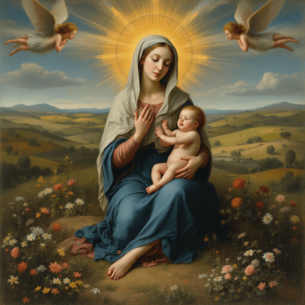 AI generated: Mary is holding Baby Jesus in her arms in the style of Hans Memeling. She is sitting in a paradisiac...