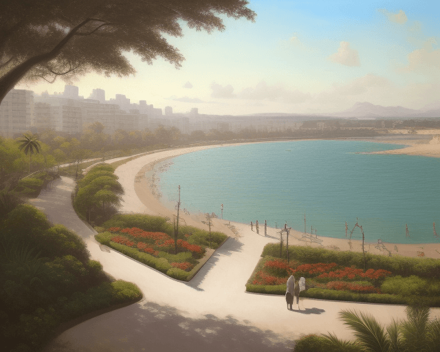 AI generated: Hyperrealistic oil painting painting of a mid-century park at eye level with ocean view, daylight, i...
