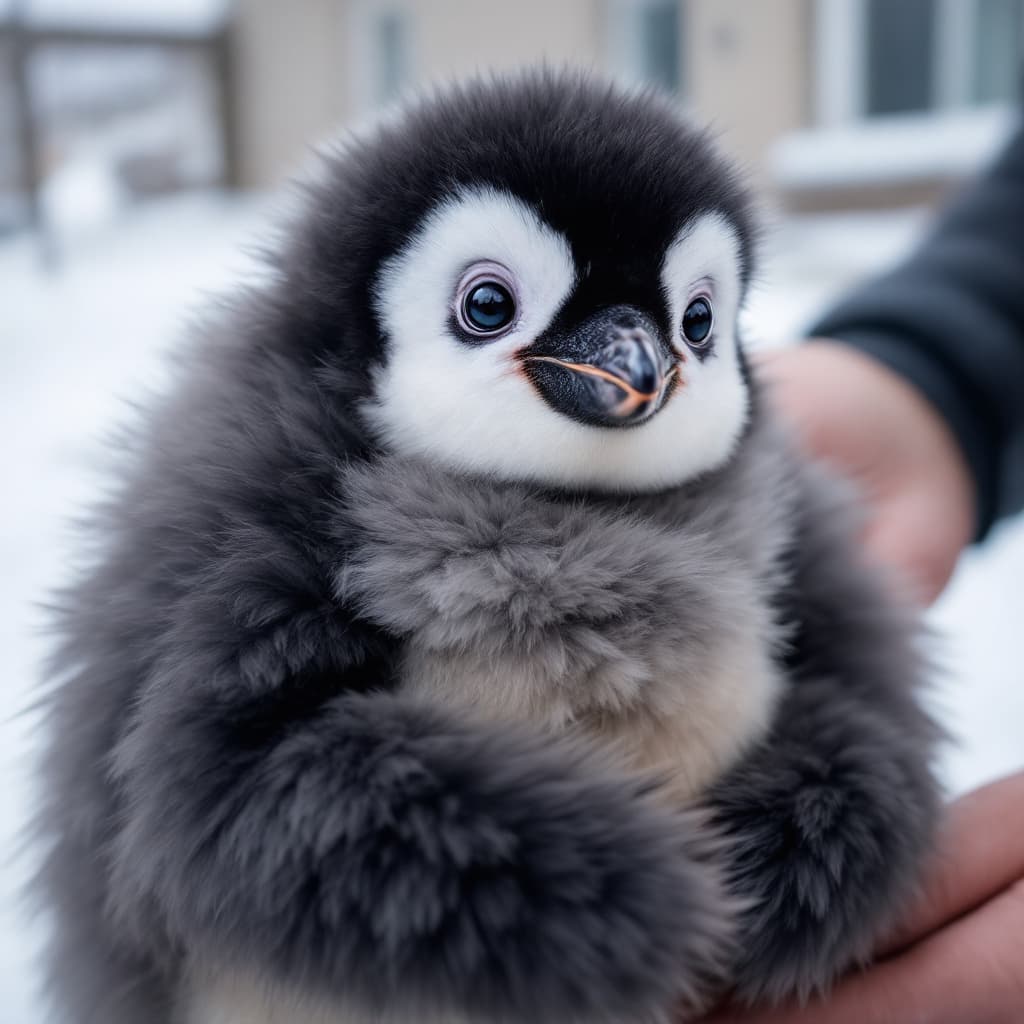 AI generated: An adorable baby emperor penguin with a round, fluffy body covered in thick dark gray feathers. Its ...