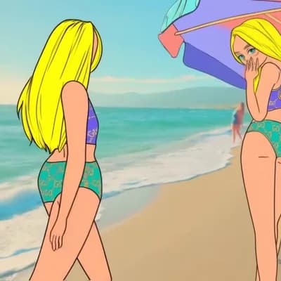 AI generated video: a long blond hair woman walking on the beach, wearing a beach shorts tank top, designed by Gucci::3,...