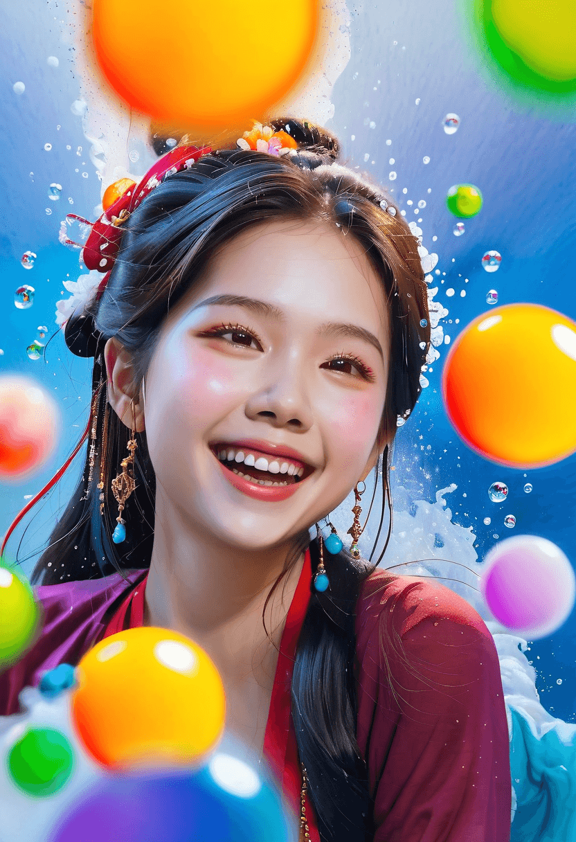 AI generated: a girl, laughing, surrounded by  colorful water bubbles