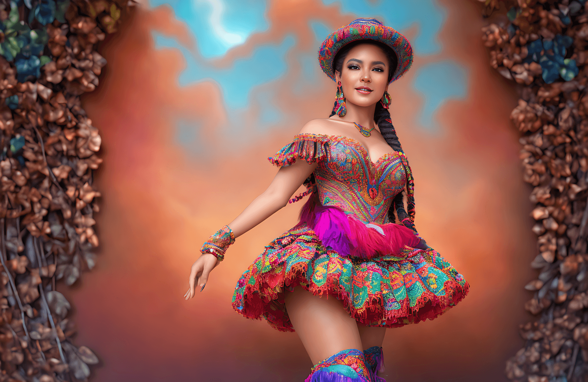 AI generated: Photorealistic Morenada beautiful woman, with hyper realistic perfect face black hair with braids, s...