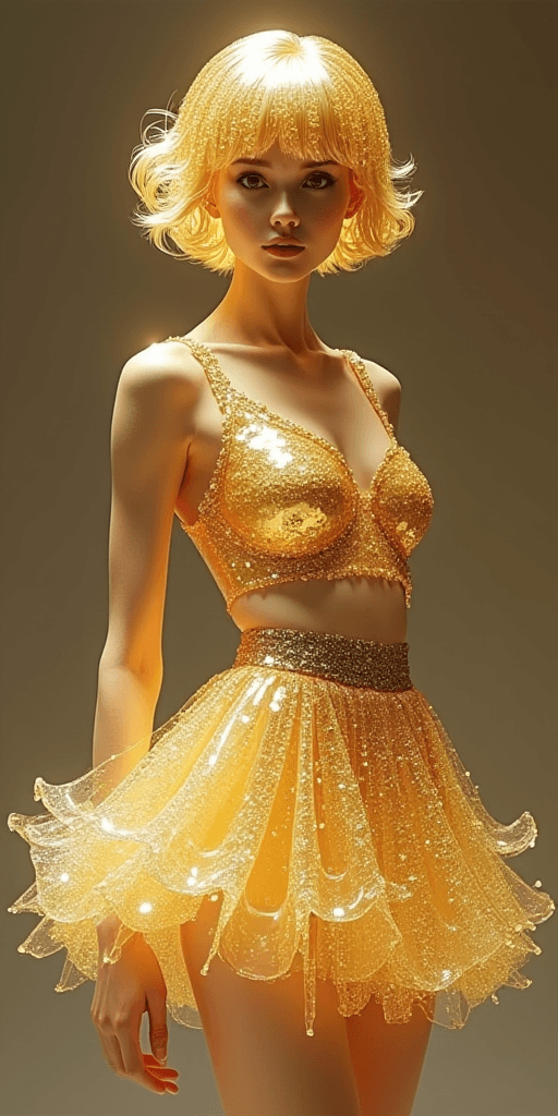 AI generated: Transparent short hair and short skirt girl made of gold diamonds