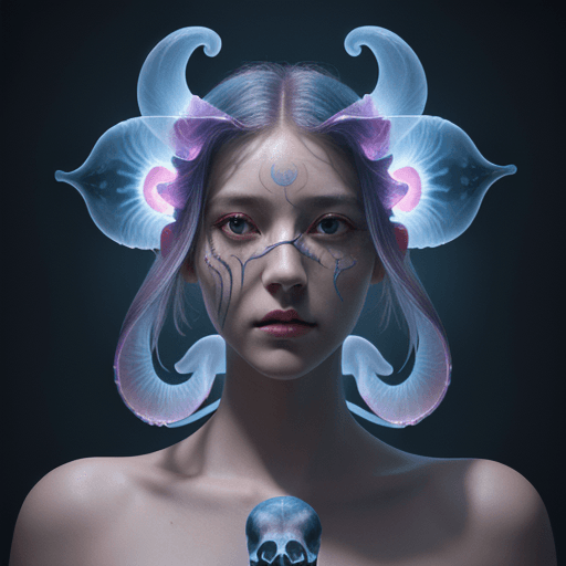 AI generated: Goddess close-up portrait ribcagel. jellyfish phoenix head, nautilus, orchid, skull, betta fish, bio...